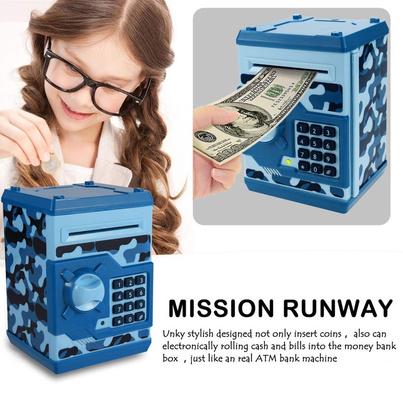 Qwifyu Piggy Bank for Boys Girls, 4 5 6 7 8 9 10 Year Old Girl Boy Birthday Gift Ideas, Electronic Password Money Saving Box ATM, Great Gift Safe Bank Toys for Kids (Camouflage Blue) - Image 3